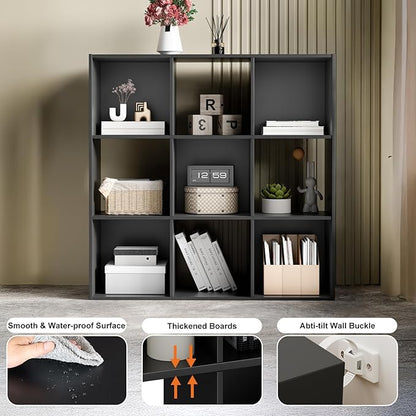 Sweetcrispy 9 Cube Storage Organizer - Open Cube Bookshelf with 5 Removable Back Panels, Display Storage Bookcase for Living Room, Bedroom, Entrance Hall, Home Office，36" L×11.6" W×36" H, Black