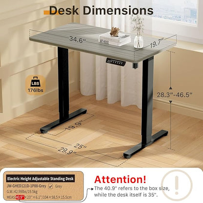 JOY worker Small Electric Standing Desk, 35" x 20" Whole Piece Height Adjustable Desk with Memory Controller, Grey Sit to Stand Desk Workstation for Home Office