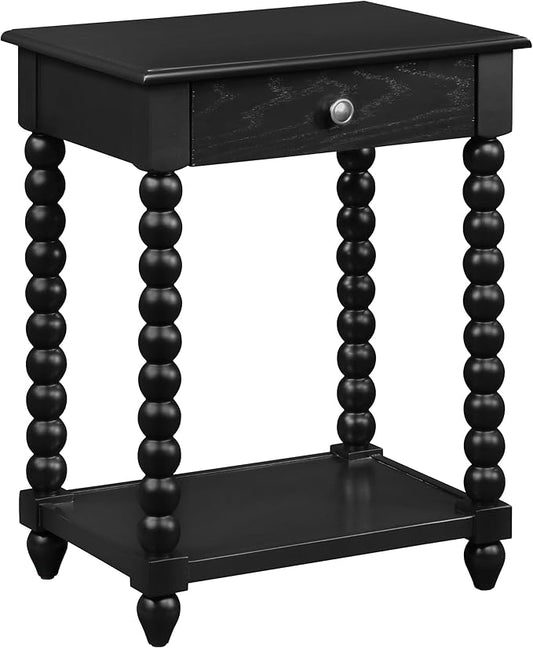 OSP Home Furnishings Elise Cottage Style Table with Spindle Legs, Open Storage Shelf, Side Table, Black Finish