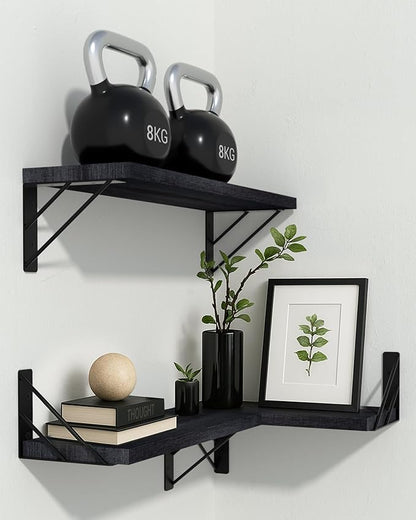 BAYKA Wall Shelves for Bedroom Decor, Floating Wall Shelves for Living Room Kitchen Storage, Wall Mounted Rustic Wood Floating Shelves for Kids Books, Corner Shelves for Bathroom, Office(Set of 3)