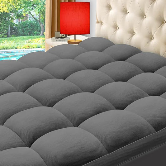ELEMUSE California King Grey Cooling Bamboo Viscose Mattress Topper for Back Pain, Extra Thick Mattress Pad Cover, Plush Soft Pillowtop with Elastic Deep Pocket, Overfilled Down Alternative Filling