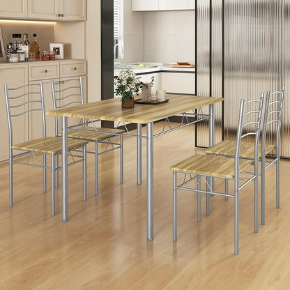 5 Piece Dining Table Set for 4 Chairs Modern Wood Metal Kitchen Breakfast Furniture (Shallow Walnut)