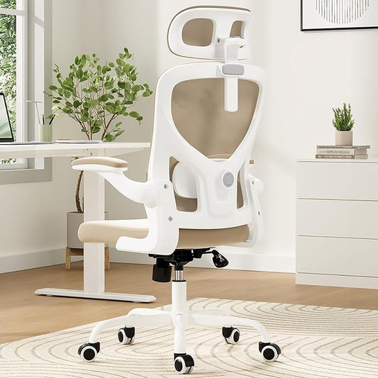 Ergonomic Office Chair, Comfy Home Office Chair High Back Computer Chair with Headrest, Adjustable Back Support, Flip-Up Arms, 90-120° Tilt and Wide Cushion, Up to 300lbs, Khaki+White