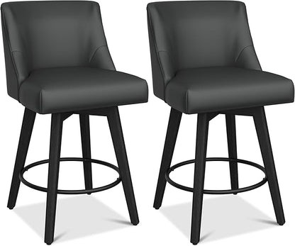 Counter Height Bar Stools Set of 6, Modern Swivel Barstools with Back and Wood Legs, Faux Leather Upholstered Bar Chairs, 26" H Kitchen Counter Stools, Kitchen Island Home Bar, Black Grey