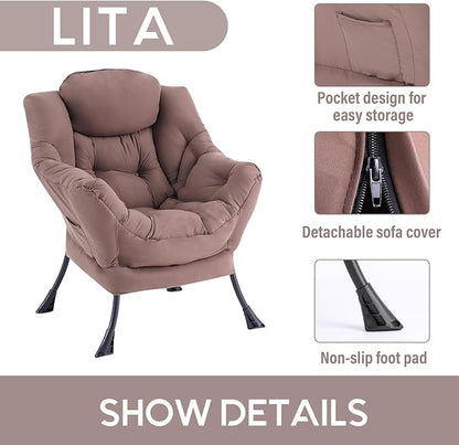 LITA Lazy Chair with Ottoman, Modern Accent Leisure Upholstered Sofa, Contemporary Lounge Reading Chair with Armrests and a Side Pocket for Living Room, Bedroom & Small Space, Single Dark Brown