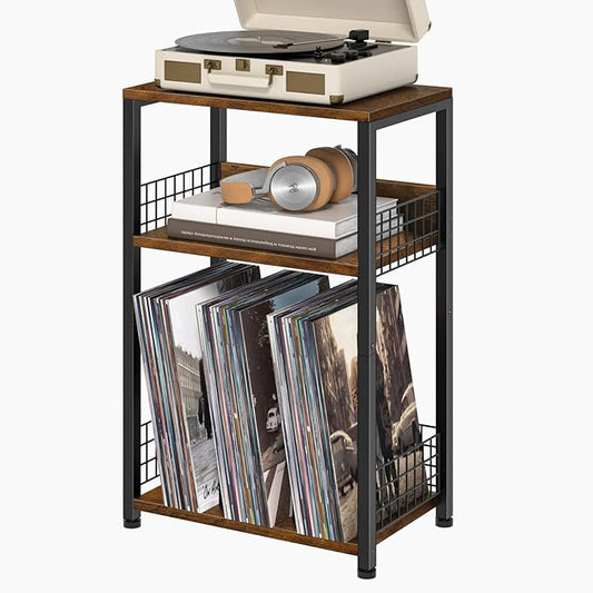 LELELINKY End Table with Storage, Brown Nightstand for Small Spaces,3 Tier Record Player Stand with Vinyl Storage Shelf, Sofa Couch Side Tables for Living Room Bedroom