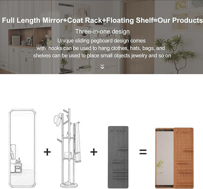 KungFuWood Full Length Mirror with Shelf and Hooks,Entry Way Mirrors for Wall,Wall Mirror with Shelf,Wall Mirror with Storage Multifunctional Design Panel,Living Room
