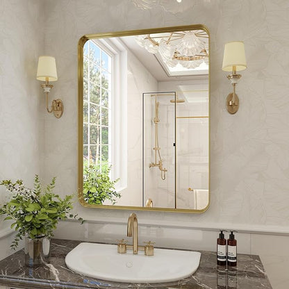Bathroom Mirror 30x40 inch, Gold Gorgeous Deep Frame Wall Mirror, Modern Round Corner Bathroom Vanity Mirror for Bedroom, Living Room, Hanging or Leaning Horizontal or Vertical, Gold