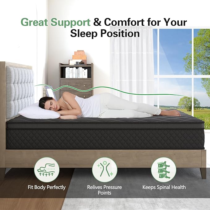 Queen Mattress, 10 Inch Hybrid Mattress Euro Top Medium Firm for Back & Lumbar Support, 100 Night Trial, Individual Pocket Spring Mattresses for Motion Isolation & Pressure Relief