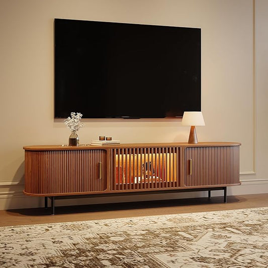 POVISON Sliding Tambour Door TV Stand with LED Lights, Mid Century Modern TV Console, Wood Media Console, Entertainment Center with Storage Cabinet, Fully-Assembled (Walnut, 78.74")