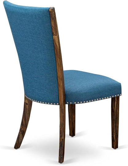 East West Furniture V777VE721-7 7 Piece Dining Room Table Set Consist of a Rectangle Dining Table with V-Legs and 6 Blue Color Linen Fabric Upholstered Chairs, 40x72 Inch, Multi-Color