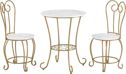 JOIN IRON 2-Piece Bistro Dining Set for Indoor Use, Marble-Look Tabletop with Gold Metal Frame, Vintage French Café Style Round Table and Chairs for Kitchen, Breakfast Nook, Small Apartment (Gold)