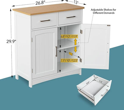 Buffet Cabinet with Storage, Coffee Bar Cabinet 26 x 30 Inches, Oak Top Sideboard Cabinet, Matte White Finish, Anti-Fall Drawers, Arched Doors, Adjustable Shelves
