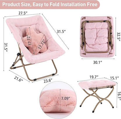 Welnow Comfy Saucer Chair with Ottoman, Oversized Folding Reading Chair for Adults with Throw Pillow Soft Faux Fur Lounge Chair for Bedroom Furry Accent Chair for Living Room, Dorm Rooms, Pink