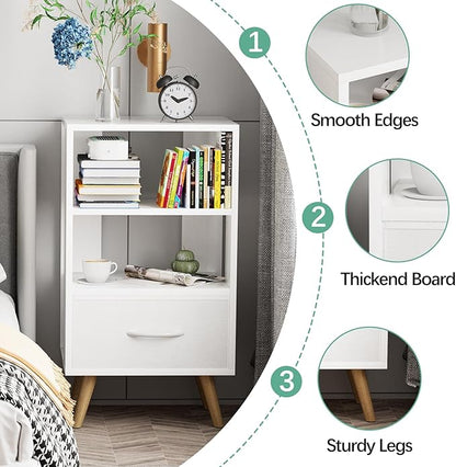 Night Stand, White Kids Nightstand with Drawer, Nursery Side Table with Open Storage, 3-Tier Modern End Table, Bedside Table for Small Space, Living Room, Bedroom