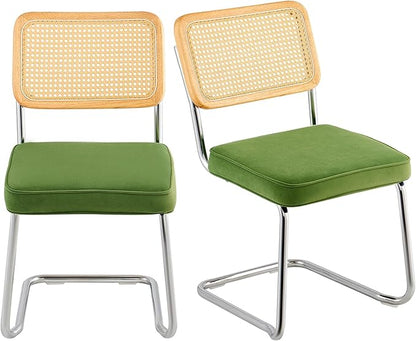 VEVOR Rattan Dining Chairs Set of 2, Mid Century Modern Dining Chair, Upholstered Velvet Accent Chair with Rattan Back, Retro Dining Room Kitchen Chair for Living Room, Bedroom (18.1 Inch)