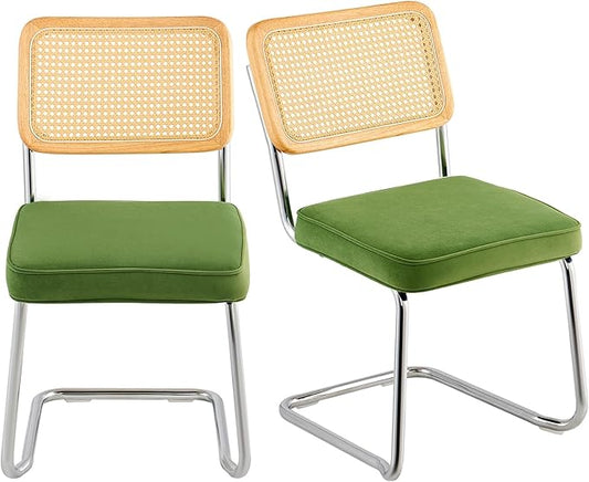 VEVOR Rattan Dining Chairs Set of 2, Mid Century Modern Dining Chair, Upholstered Velvet Accent Chair with Rattan Back, Retro Dining Room Kitchen Chair for Living Room, Bedroom (18.1 Inch)