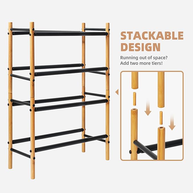 STORAGE MANIAC Expandable Shoe Rack, 8 Pairs Stackable Small Shoe Rack, Metal Adjustable Shoes Organizer for Closet, Entryway, Hallway, Garage, Front Door, Shoes Shelves, Bamboo 2 Tier