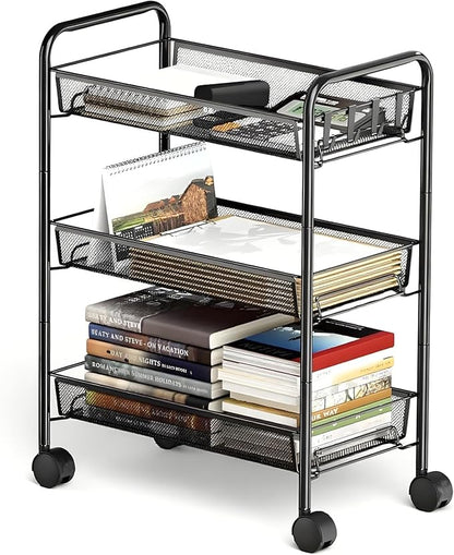 3 Tier Rolling Cart, Mesh Wire Utility Carts, Metal Storage Shelf with Wheels & 4 Side Hooks, for Laundry Room Organization, Kitchen, Living Room, Bathroom, Pantry, Dorm & Under Desk Storage