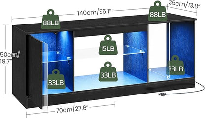 TV Stand with Power Outlets 55 65 inch, Modern Entertainment Center with Multi-Color LED Light, Media TV Console with Adjustable Glass Shelves for Living Room Black MDS01UDBB