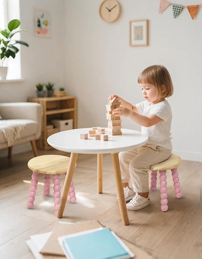 Masupu Solid Wooden Step Stool for Adults Kids, 11 inch Small Foot Stool, Non-Slip One Step Stool, Sturdy Foot Stool for Bathroom, Bedroom, Kichen, Plant Stand(Natural and Pink)
