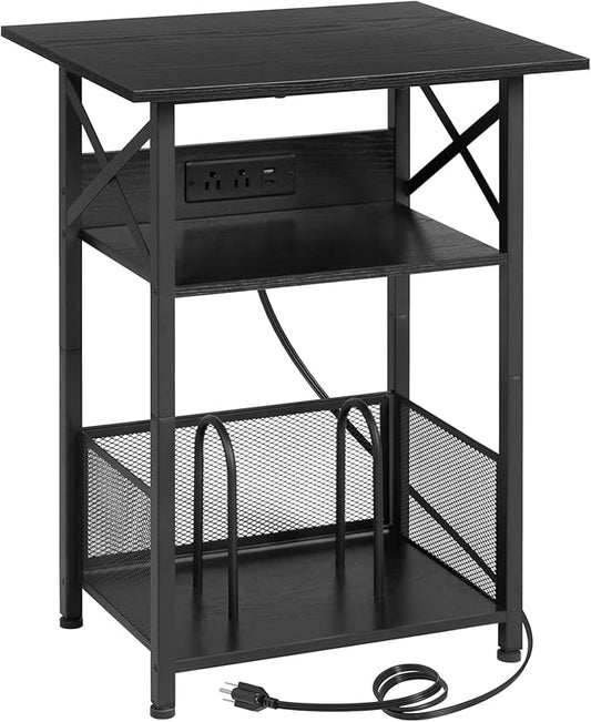 AMHANCIBLE Record Player Stand with Charging Station, Large Turntable Stand with Storage Cabinet, 3 Tier End Table Hold Up to 100 Albums, Record Stand for Vinyl, Living Room, Black, HETCD012BK-1