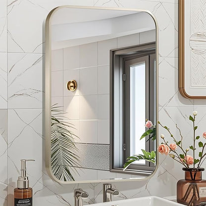 24x36 Inch Brushed Nickel Bathroom Mirror, Framed Rectangle Mirror with Rounded Corner, Brushed Mirror, Silver Bathroom Mirror for Over Sink, Vanity, Living Room, Bedroom, Horizontal/Vertical
