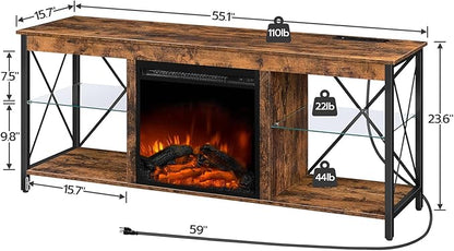 HOOBRO Fireplace TV Stand with Charging Station and LED Lights, TV Stand with Fireplace for TVs up to 65", Entertainment Center with Fireplace, Glass Shelves, Rustic Brown and Black BF140UDDS01