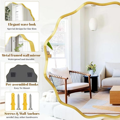 Round Wavy Mirror, 20 Inch Metal Frame Circle Mirror, Round Wall Mounted for Entryway, Bathroom, Vanity, Living Room, Gold