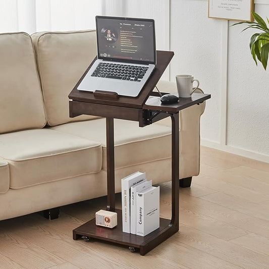 CozyDH Rolling Side Table with Wheels, Adjustable C Shaped End Table for Couch, Solid Wood TV Tray Sofa Arm Table for Eating Multi-Purpose, Small Coffee Table Living Room Bedroom, Walnut