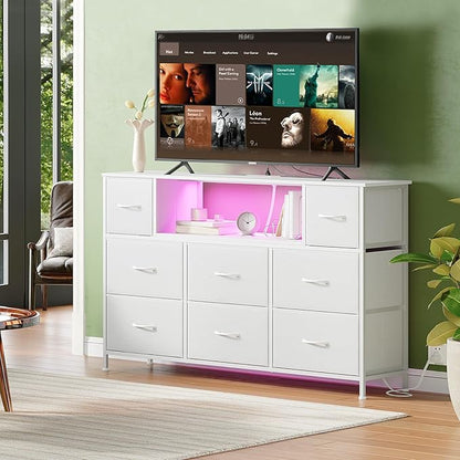 Somdot White TV Stand, Dresser for Bedroom for 55 inch TV with Charging Station and LED Lights, Media Console Table with 8 Drawers, Open Shelf, Adjustable Feet,Living Room Furniture