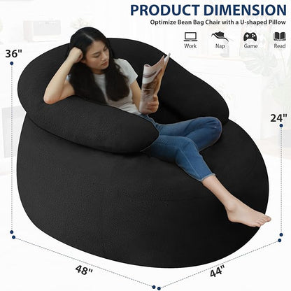 HABUTWAY Bean Bag Chair with U-Shaped Pillow for Adult and Kids Big BeanBag Chair with Filling Ultra Soft Faux Fur Couch Chair with Washable Cover for Living Room Bedroom Office, Black & Black