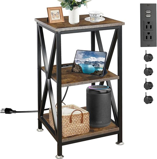 Square End Table with Charging Station, 3-Tier End Table Living Room, 16" D X 16" W X 28" H, Wood and Metal Table with USB Ports and Outlets, Side Table with Wheels for Living Room, Bedroom, Kitchen