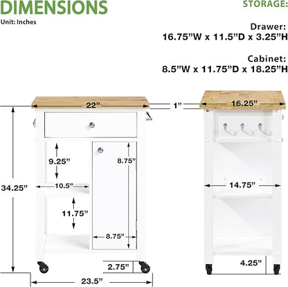 OSP Home Furnishings Derry Modern Farmhouse Kitchen Cart with Natural Butcher Block Top, Rolling Storage Cabinet with Drawer, Shelves, Hooks, White Finish