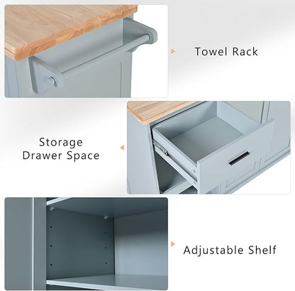 49" Kitchen Island with Foldable Counter Top,Kitchen Storage Cart W/Slide-Out Shelf,Towel Rack and Drawer,Rolling Kitchen Cart on Wheels,for Kitchen,Living Room,Dining Room,Grey Blue