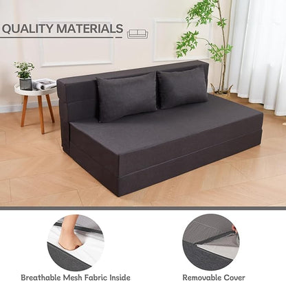 Folding Sofa Bed, Foldable Bed Sleeper Chair with Pillow, Convertible Sofa Bed with Washable Cover, Fold Out Couch,Futon Couch for Living Room, Dorm, Guest Room, Queen Size, Dark Grey