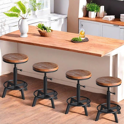 Set of 2-Industrial Bar Stool-Counter Height Chairs- Swivel Wooden Seat- Adjustable 17.7-24inch