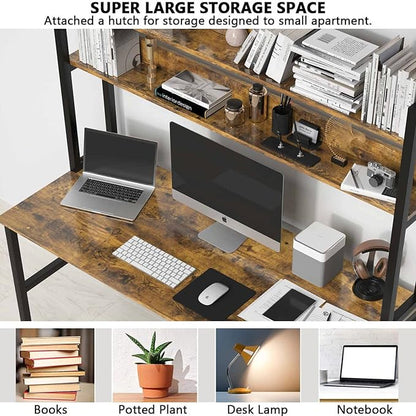 Aquzee Computer Desk with Hutch, 47“W x 23.6" D Desk with Shelves, Tall Home Office Desk with Bookshelf, Metal Legs Study Table with Upper Storage Shelf for Study Writing/Workstation