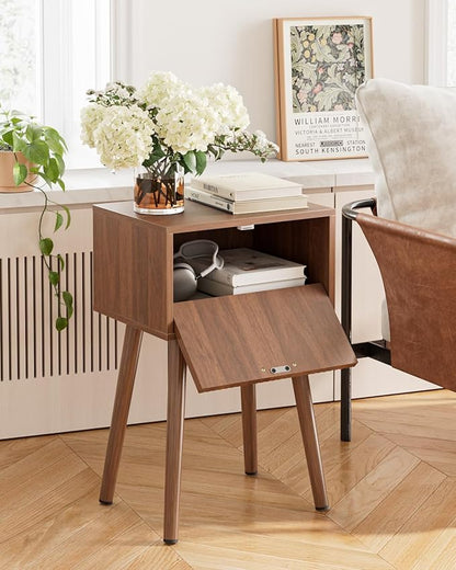 Night Stand, Walnut Nightstand with Fluted Door, Small Modern Mid-Century Bedside Table for Bedroom, End Table for Living Room