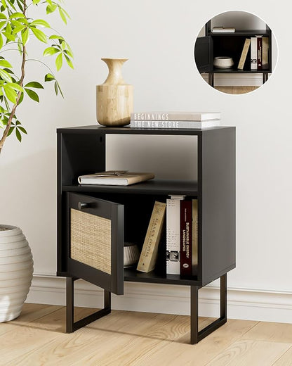 Rattan Nightstand, Mid Century Modern Night Stand,Boho Farmhouse Wood Bedside Table with Storage and Open Shelf, End Side Accent Table for Bedroom,Living Room,Black
