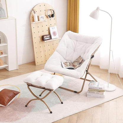 Tiita Folded Chair with Ottoman, Soft Faux Fur Oversized Folding Accent Chair,Lounge Lazy Chair, Metal Frame Moon Chair for Bedroom, Living Room, Dorm Rooms, Garden and Courtyard