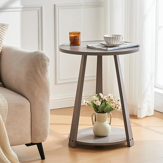 CozyDH Round End Table, Wooden Narrow/Little Coffee/Sofa/Couch SideTable with Lower Shelf for Living Room Bedroom, Solid Wood Bedside Nightstand, Gray