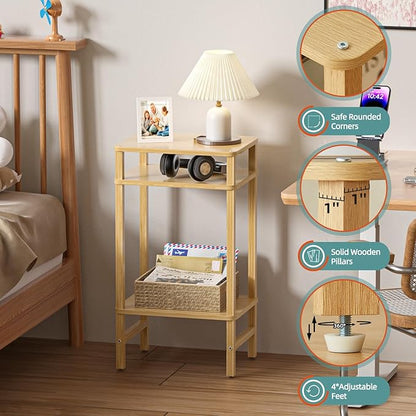 28in Tall Bamboo Side Table 3-Tier Small Narrow End Table, Skinny Nightstand for Small Space, Farmhouse Slim Night Stand with Storage for Couch, Wooden Thin Bedside Table, Natural