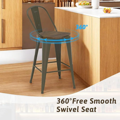 24” Swivel Bar Stools Set of 4, Counter Height Bar Stools Wooden Seat, Metal Industrial Bar Chairs with High Back for Kitchen Island (Rusty)