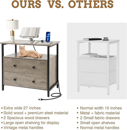 27 inch Wide Nightstand with Charging Station, Bedside Table with Open Shelf, 2 Drawers Small Wood Dresser, End Side Table for Bedroom (Rustic Gray)