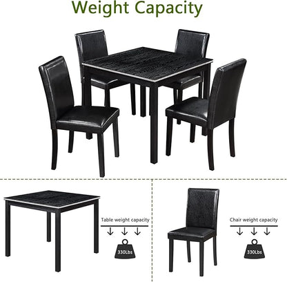 KEIKI 5-Piece Standard Height Dining Table Set with Square Table and 4 Upholstered Chair, for 4 Person, Classic Crystal Decoration Wood Table Set, Easy Assembly, for Kitchen, Dining Room, Black