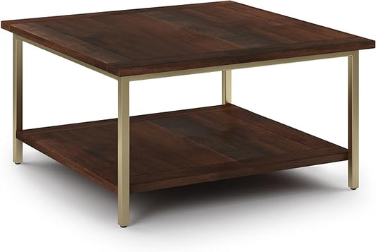 SIMPLIHOME Skyler SOLID MANGO WOOD and Metal 34 inch Wide Square Industrial Coffee Table in Dark Brown / Gold for the Living Room and Family Room
