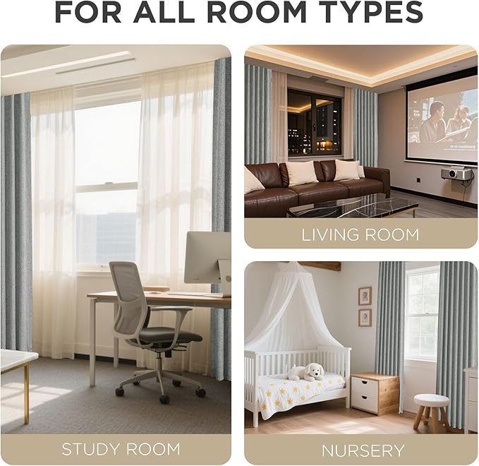Joydeco 100% Blackout Curtains for Bedroom - Natural Linen Curtains 37" W x 63" L Long, Thermal Insulated 2 Panels Light Grey. Room Darkening Light Blocking Drapes for Living Room
