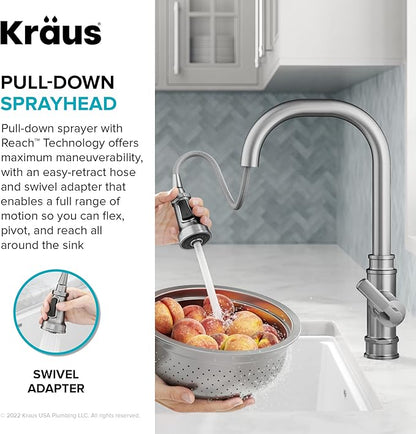 KRAUS Allyn Transitional Industrial Pull-Down Single Handle Kitchen Faucet in Spot-Free Black Stainless Steel