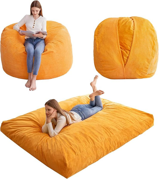 Giant Bean Bag Chair Bed for Adults,Convertible Beanbag Folds from Lazy Chair to Floor Mattress Bed,Large Floor Sofa Couch for Adult,Couples,Family,High-Density Foam Filling, Machine Washable, Orange